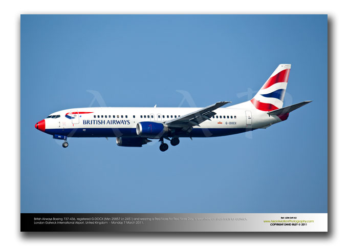 LGW-349 - British Airways  Boeing 737-436 - G-DOCX (Msn 25857 Ln 2451)  wearing a Red Nose for Red Nose Day,